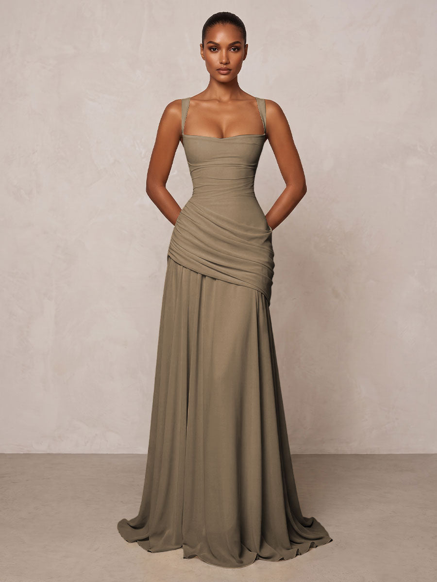 Chiffon Spaghetti Straps Pleated Drop Waist Formal Prom Dresses for Women Evening Gowns
