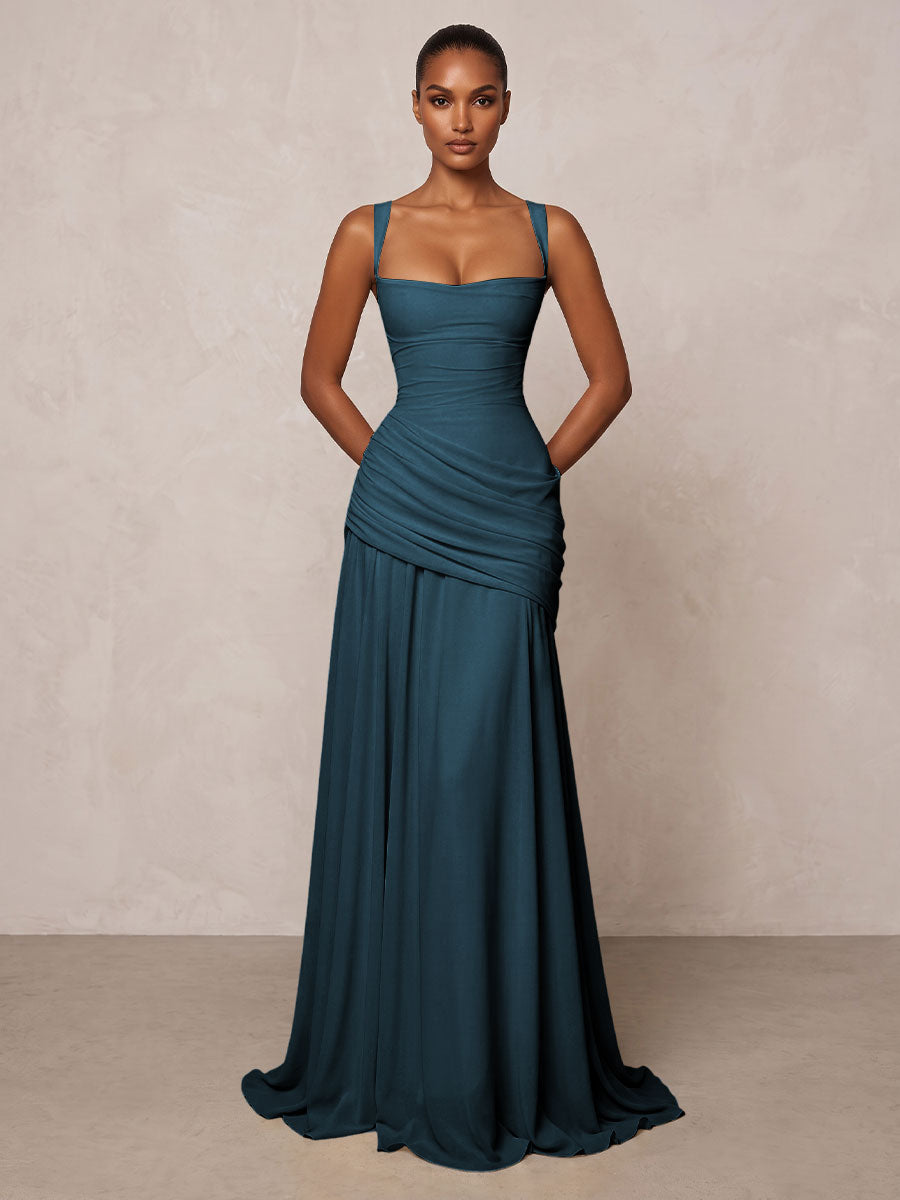 Chiffon Spaghetti Straps Pleated Drop Waist Formal Prom Dresses for Women Evening Gowns