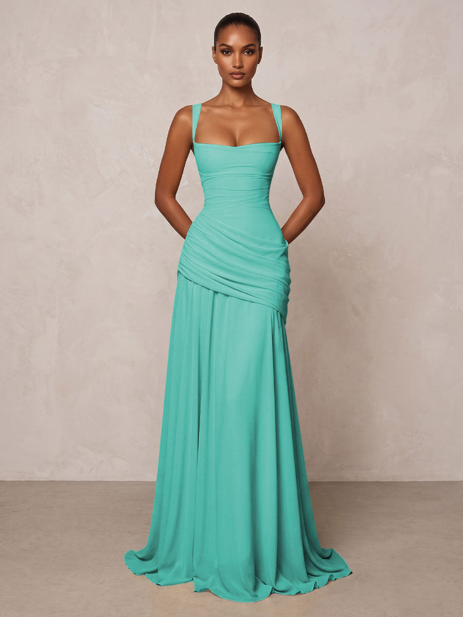 Chiffon Spaghetti Straps Pleated Drop Waist Formal Prom Dresses for Women Evening Gowns
