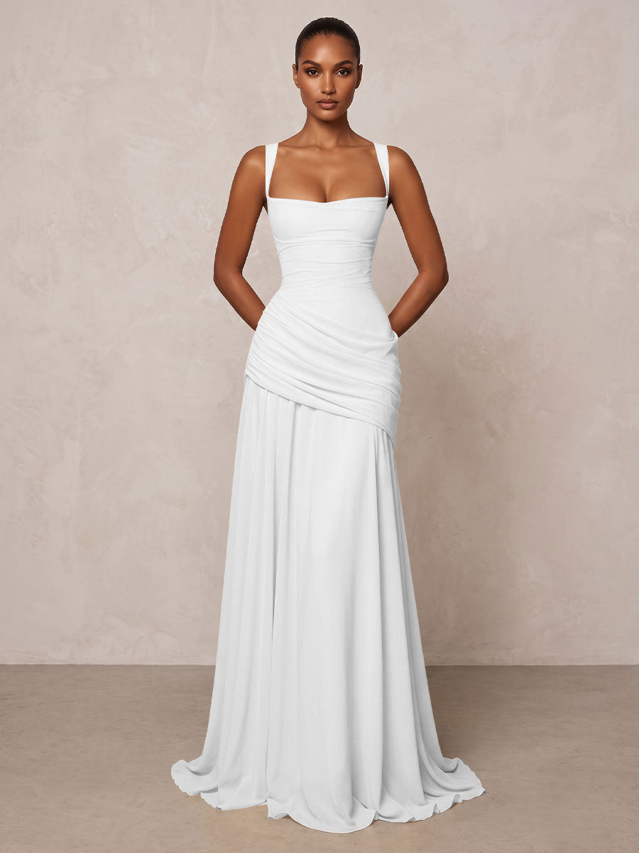 Chiffon Spaghetti Straps Pleated Drop Waist Formal Prom Dresses for Women Evening Gowns