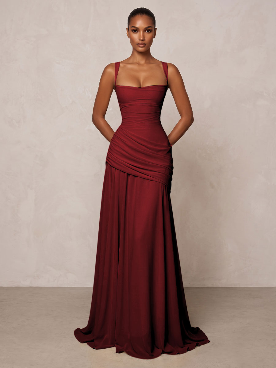 Chiffon Spaghetti Straps Pleated Drop Waist Formal Prom Dresses for Women Evening Gowns