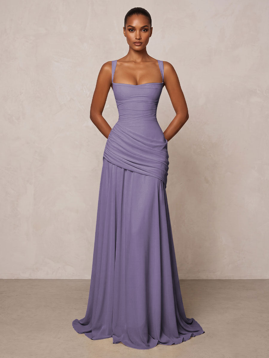 Chiffon Spaghetti Straps Pleated Drop Waist Formal Prom Dresses for Women Evening Gowns