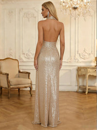 Satin Halter Corset Ruched Glitter Formal Dresses