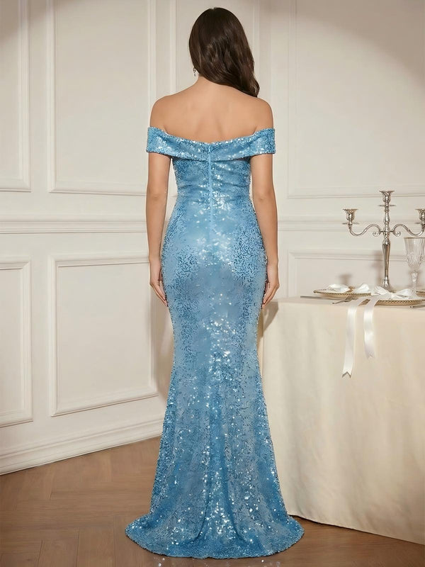 Off the Shoulder Bow Sequin Mermaid Formal Dresses