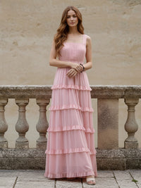 Chiffon A Line Spaghetti Straps Sleeveless Pleated Square Neck Formal Dresses