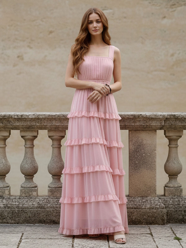 Chiffon A Line Spaghetti Straps Sleeveless Pleated Square Neck Formal Dresses