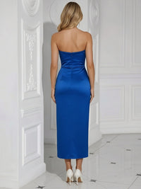 Tea Length Satin Strapless Pleated Long Mermaid Formal Dresses with Slit