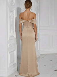 Off the Shoulder Satin Strapless Pleated Long Mermaid Formal Dresses with Slit