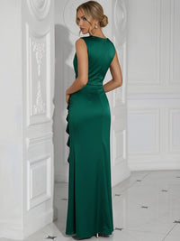 V Neck Ruffles Satin Strapless Pleated Long Mermaid Formal Dresses with Slit