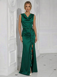 V Neck Ruffles Satin Strapless Pleated Long Mermaid Formal Dresses with Slit
