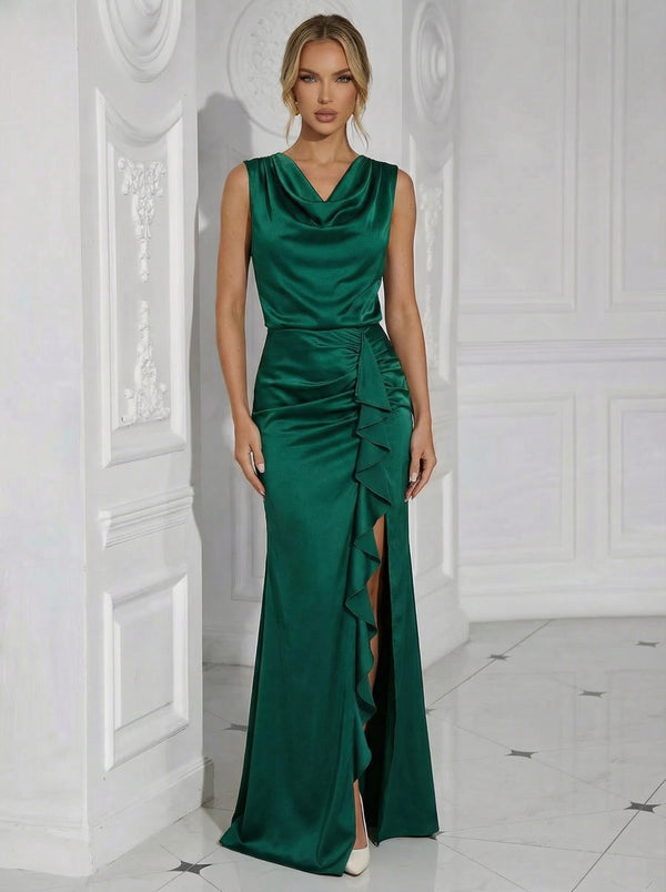 V Neck Ruffles Satin Strapless Pleated Long Mermaid Formal Dresses with Slit