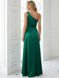 One Shoulder Ruffles Satin Pleated Long Mermaid Formal Dresses with Slit