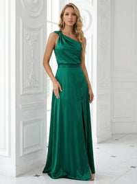 One Shoulder Ruffles Satin Pleated Long Mermaid Formal Dresses with Slit