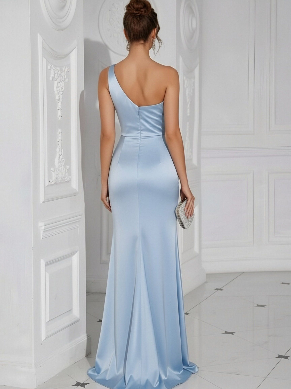 One Shoulder Satin Pleated Long Mermaid Formal Dresses