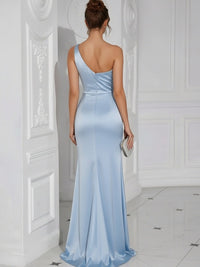 One Shoulder Satin Pleated Long Mermaid Formal Dresses