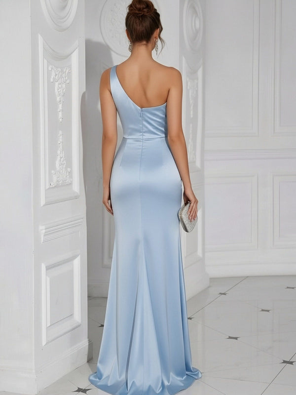 One Shoulder Satin Pleated Long Mermaid Formal Dresses