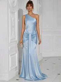 One Shoulder Satin Pleated Long Mermaid Formal Dresses