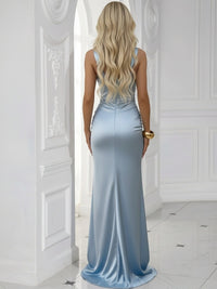 V Neck Satin Pleated Long Mermaid Formal Dresses