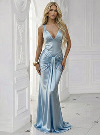 V Neck Satin Pleated Long Mermaid Formal Dresses