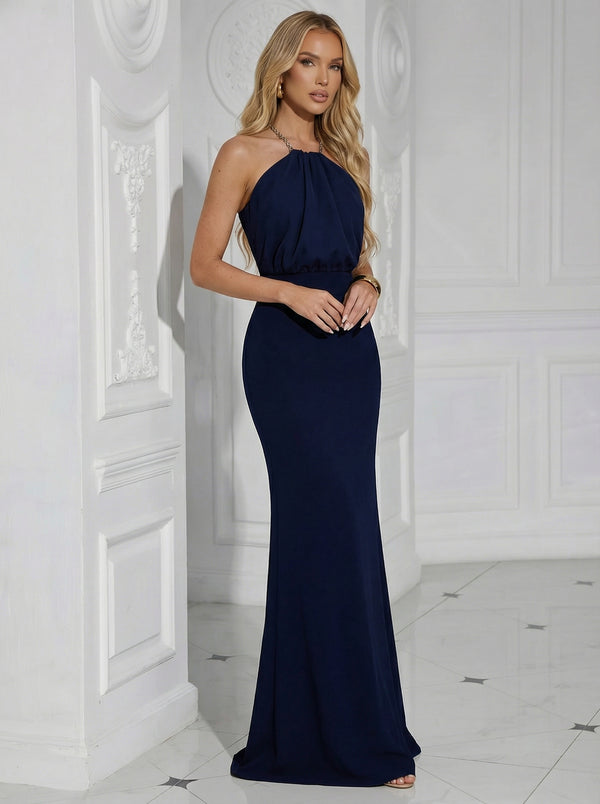 Satin Halter Simple Long Mermaid Formal Dresses
