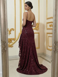 Spaghetti Straps Square Neck Sequin Long Mermaid Formal Dresses with Slit