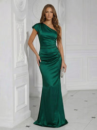 Satin One Shoulder Short Sleeves Pleated Long Mermaid Formal Dresses