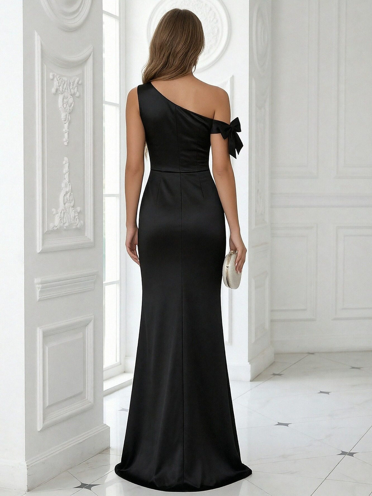 Bow Satin One Shoulder Pleated Long Mermaid Formal Dresses