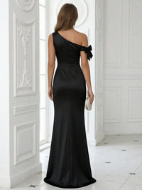 Bow Satin One Shoulder Pleated Long Mermaid Formal Dresses