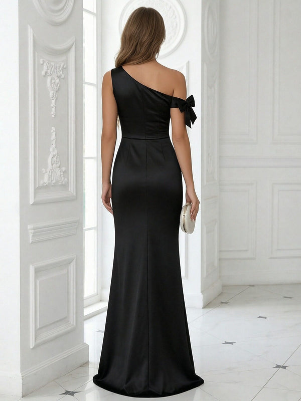 Bow Satin One Shoulder Pleated Long Mermaid Formal Dresses