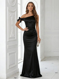 Bow Satin One Shoulder Pleated Long Mermaid Formal Dresses