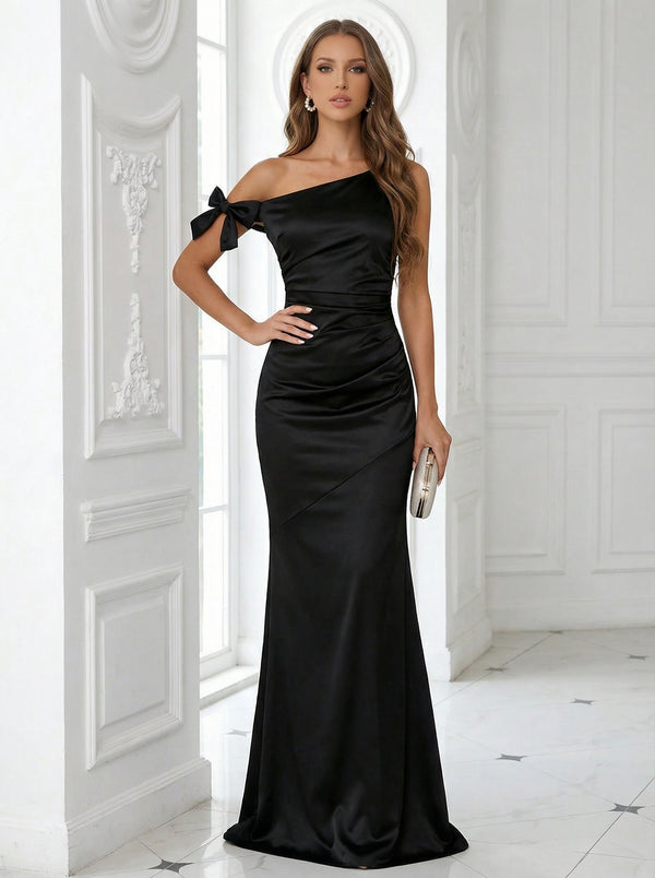 Bow Satin One Shoulder Pleated Long Mermaid Formal Dresses