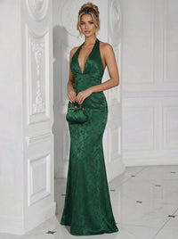 V Neck Halter Floral Print Pleated Long Mermaid Formal Dresses