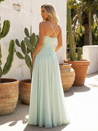 Spaghetti Straps Pleated V Neck Satin Long Mermaid Formal Dresses