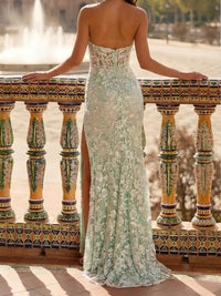 Lace Appliques Halter Mermaid Tulle Formal Dresses with Slit