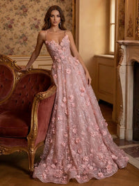3D Flowers A Line Spaghetti Straps V Neck Sparkly Tulle Evening Dresses