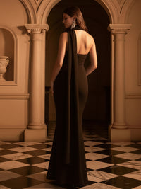 One Shoulder Satin Sleeveless Long Mermaid Formal Dresses with Scarf