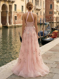 Halter Lace Appliques Tulle Sweetheart A Line Formal Dresses