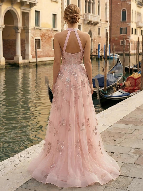 Halter Lace Appliques Tulle Sweetheart A Line Formal Dresses