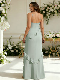 Satin V Neck Ruffles Spaghetti Straps Bridesmaid Dresses with Slit