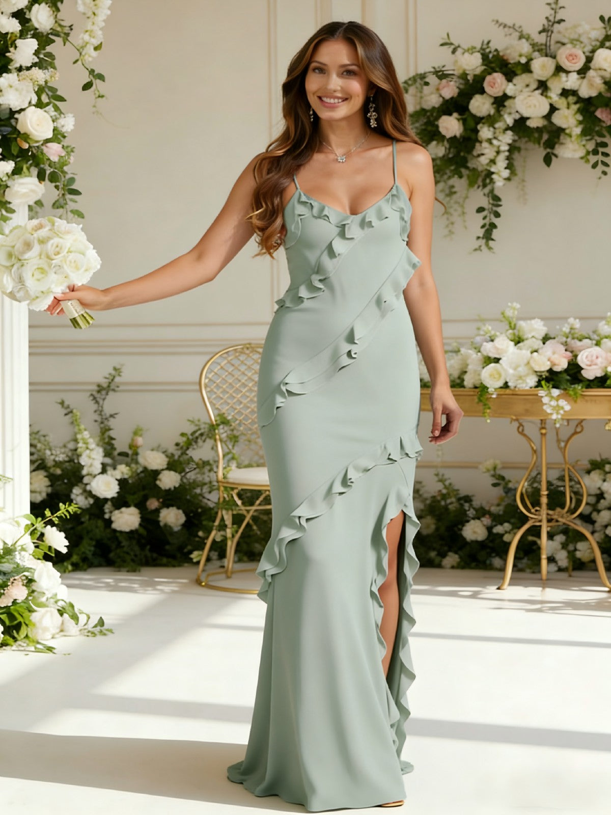 Satin V Neck Ruffles Spaghetti Straps Bridesmaid Dresses with Slit