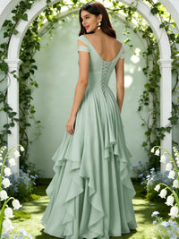 Chiffon Off the Shoulder Ruffles Pleated Bridesmaid Dresses