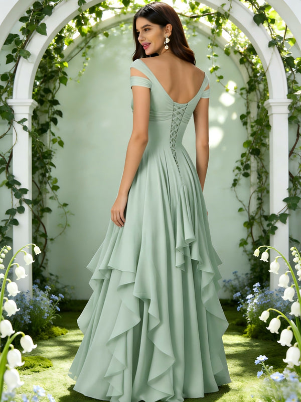Chiffon Off the Shoulder Ruffles Pleated Bridesmaid Dresses