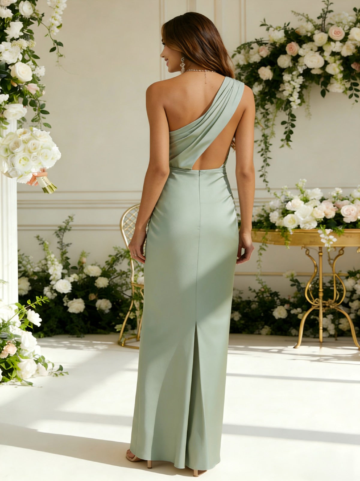 Satin One Shoulder Pleated Mermaid Bridesmaid Dresses for Women