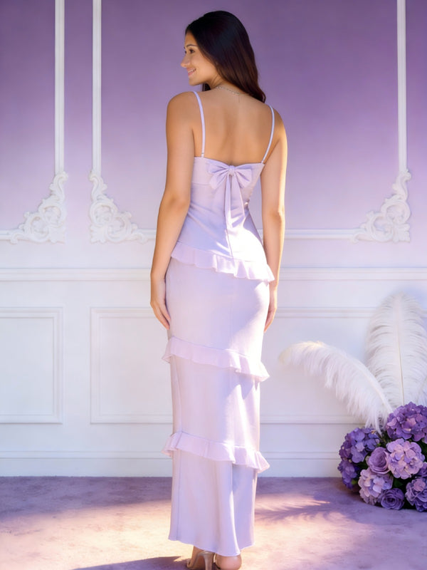 Satin V Neck Bow Ruffles Spaghetti Straps Bridesmaid Dresses