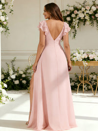 Chiffon V Neck Pleated Flutter Sleeves Long Bridesmaid Dresses with Slit