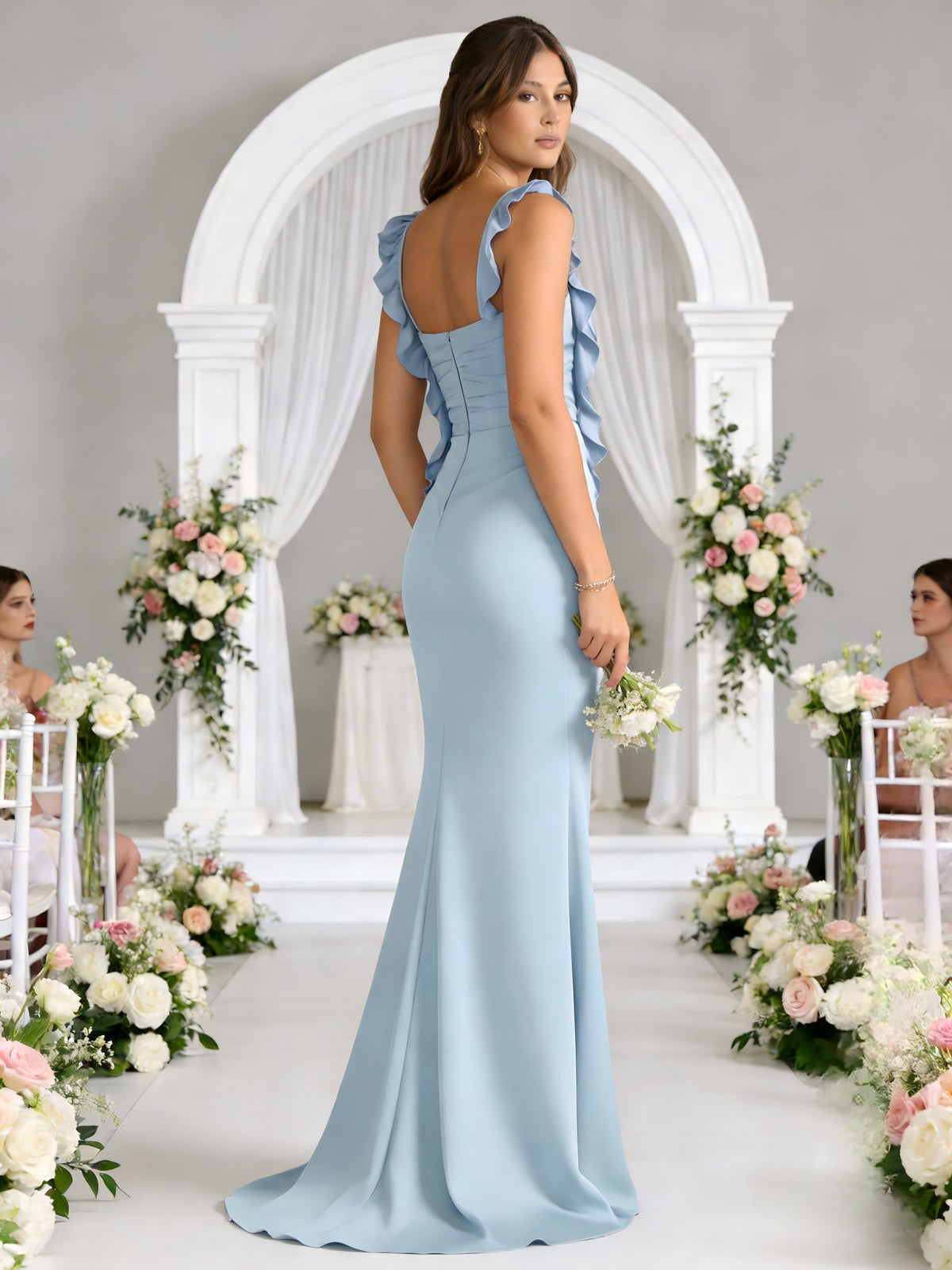 Satin Spaghetti Straps Ruffles Sheath Bridesmaid Dresses