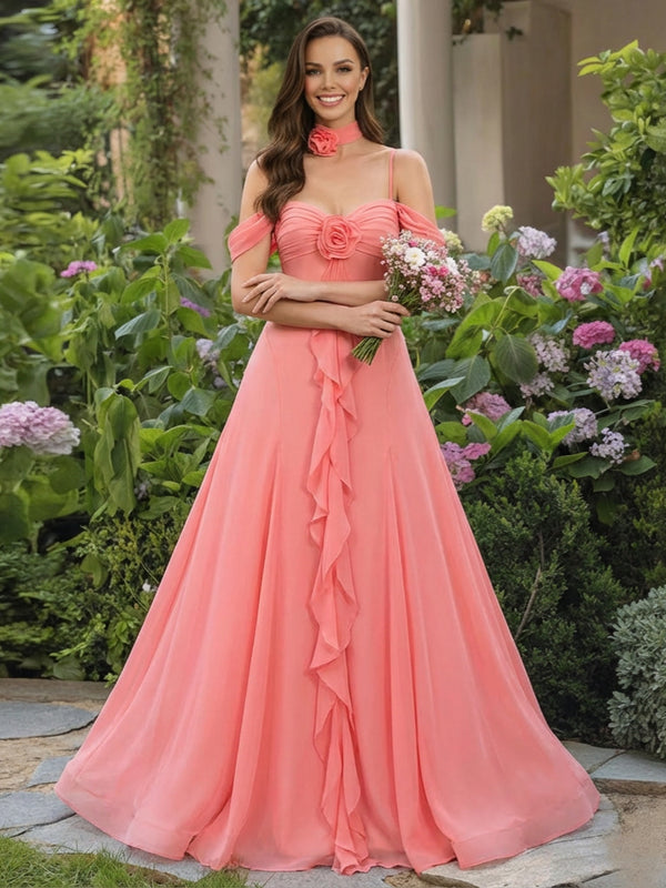 Shirees Coral Chiffon Spaghetti Straps Sweetheart Off the Shoulder Corset Bridesmaid Dresses 2026