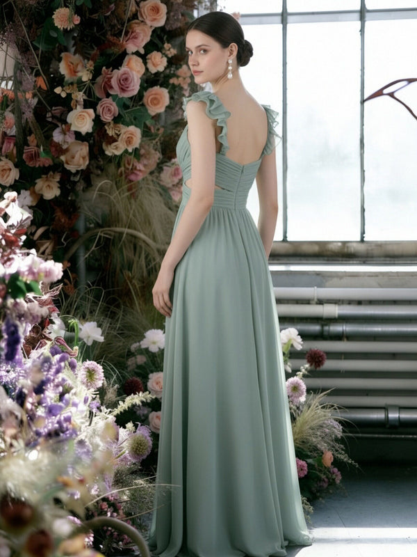 Chiffon Spaghetti Straps Ruffles V Neck Pleated Cut Out Bridesmaid Dresses