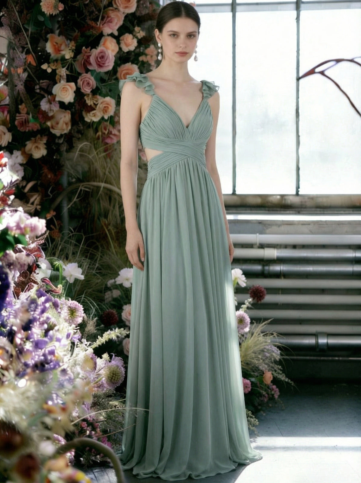 Chiffon Spaghetti Straps Ruffles V Neck Pleated Cut Out Bridesmaid Dresses