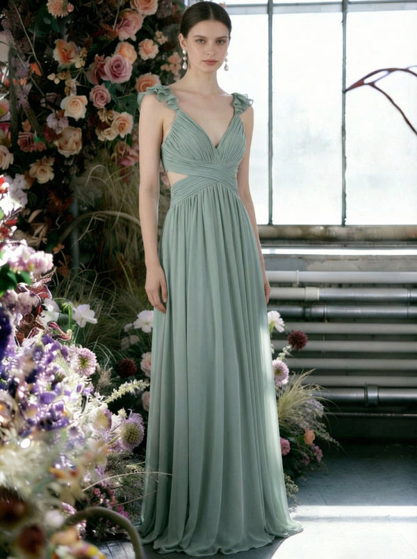 Chiffon Spaghetti Straps Ruffles V Neck Pleated Cut Out Bridesmaid Dresses